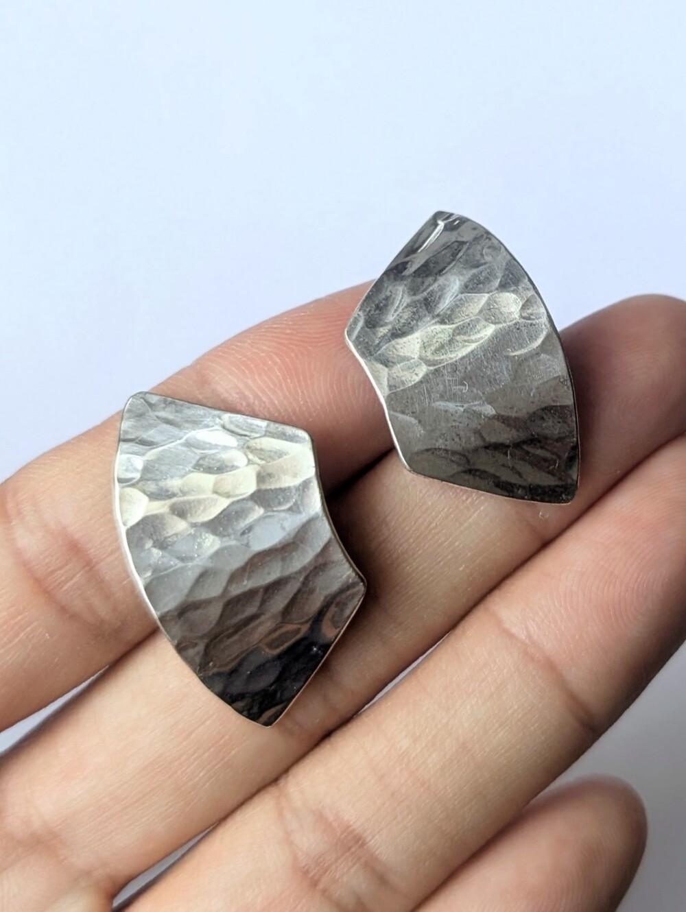 Sterling silver earrings studs Hammered textured convex geometric trapezoid 925
